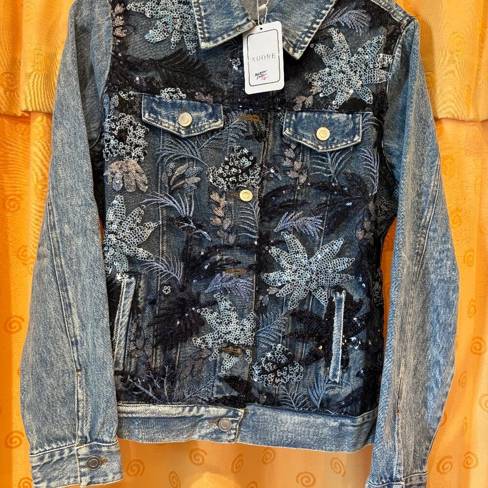 ADORE blue embellished Jean Jacket with blue and black sequins, size small.